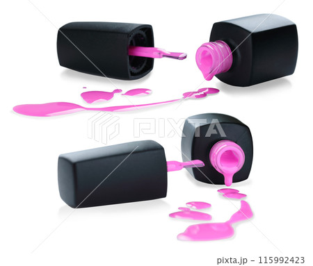 Set of Cosmetic Nail Polish Bottles with Brushes and Blots, isolated on transparent background Set of Cosmetic Nail Polish Bottles with Brushes and Blots, isolated on transparent background 115992423