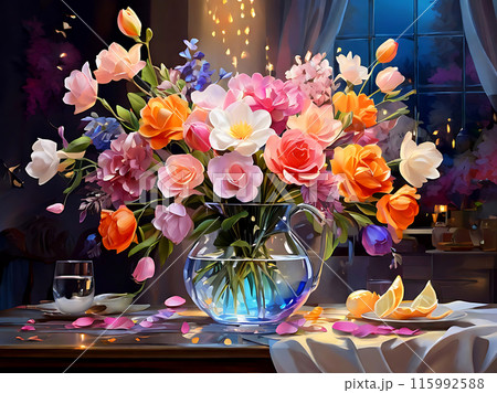 Colorful flowers in a beautiful glass vase. Colorful flowers in a beautiful glass vase. 115992588