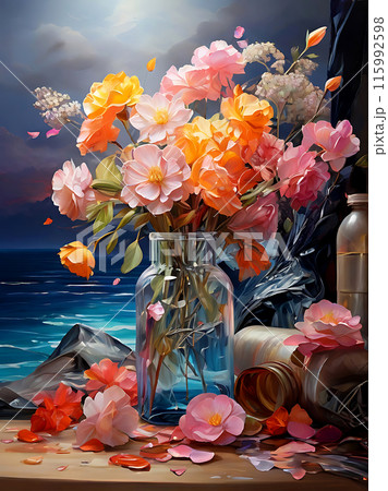 Colorful flowers in a beautiful glass vase. 115992598