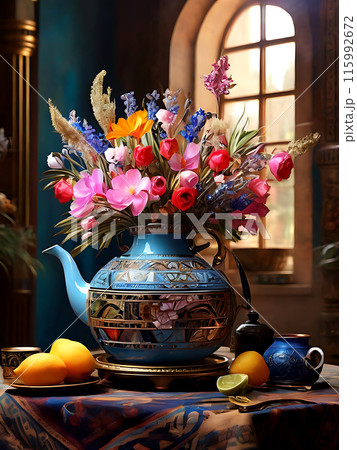 Antique kettle with beautiful colorful flowers. 115992672