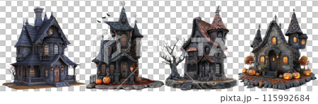 4 styles of Halloween haunted houses in scary black theme with bat, and Jack-o'-lantern pumpkins. Set of isolated Halloween decorations on transparent background. 115992684