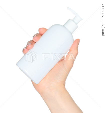 Woman hands holding a white spray bottle, isolated on transparent background close-up, template Woman hands holding a white spray bottle, isolated on transparent background close-up, template 115992747