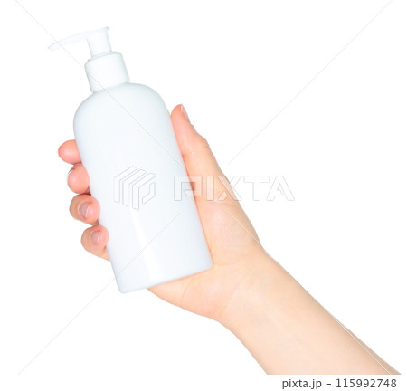 Woman hands holding a white spray bottle, isolated on transparent background close-up, template 115992748