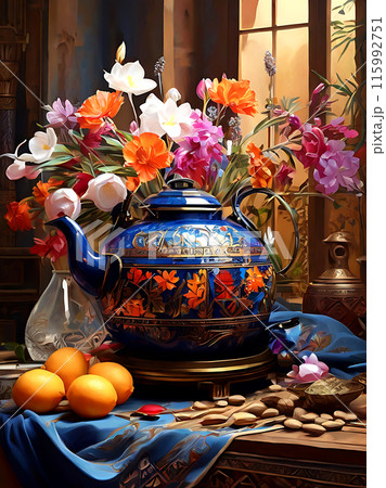 Antique kettle with beautiful colorful flowers. 115992751