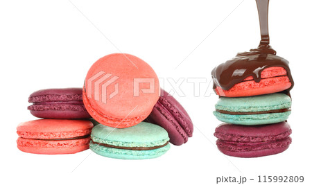 Set of French Macaroons with melted chocolate, isolated on white background 115992809