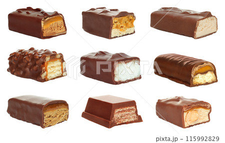 Set of Cut chocolate bar with stretching caramel, isolated on white background Set of Cut chocolate bar with stretching caramel, isolated on white background 115992829