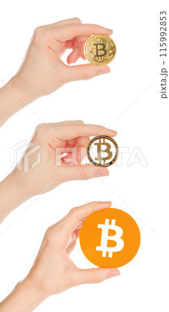 Set of Women Hands, which holding the Bitcoin metal and paper coins, isolated on white background Set of Women Hands, which holding the Bitcoin metal and paper coins, isolated on white background 115992853