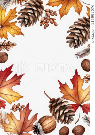 Colorful fall leaves, nuts and pine cones border on white background in watercolor style. 115993076