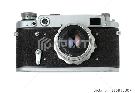 Retro photo camera isolated on white background, front view, retro things concept 115993307