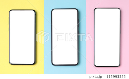 Mock-up of Smart Phones with blank screen, on yellow, turquoise and rose backgrounds 115993333