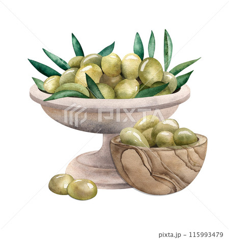 Olives, olive, wooden, metal, plate, olive fruits. The watercolor culinary illustration is made by hand in watercolor on a white background. For the design of cards, packaging, menu, cosmetic product. Olives, olive, wooden, metal, plate, olive fruits. The watercolor culinary illustration is made by hand in watercolor on a white background. For the design of cards, packaging, menu, cosmetic product. 115993479
