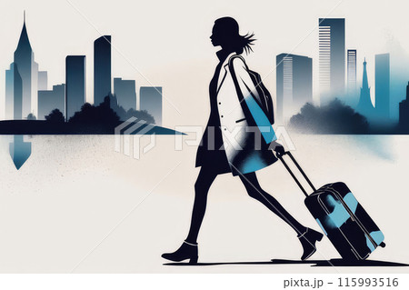 Traveler in with suitcase in urban setting. 115993516