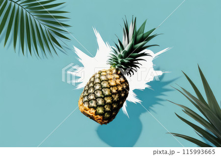 Juicy ripe flying pineapple fruit and pineapple pieces on pastel blue background. 115993665