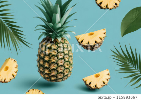 Juicy ripe flying pineapple fruit and pineapple pieces on pastel blue background. Juicy ripe flying pineapple fruit and pineapple pieces on pastel blue background. 115993667
