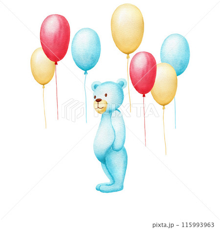 Watercolor blue teddy bear standing with hellium balloons on white background. Cute baby hand drawn illustration for greeting cards, kid posters Watercolor blue teddy bear standing with hellium balloons on white background. Cute baby hand drawn illustration for greeting cards, kid posters 115993963