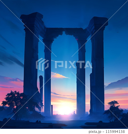 ヒーリング画像 蒼とピンクのグラデーション世界と古代文明遺跡のシルエット ヒーリング画像 蒼とピンクのグラデーション世界と古代文明遺跡のシルエット 115994138