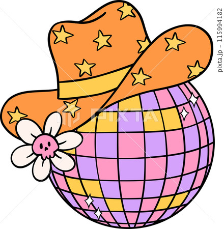 Groovy Western Cowboy Disco Ball Halloween Retro Funky Cartoon Doodle 115994182