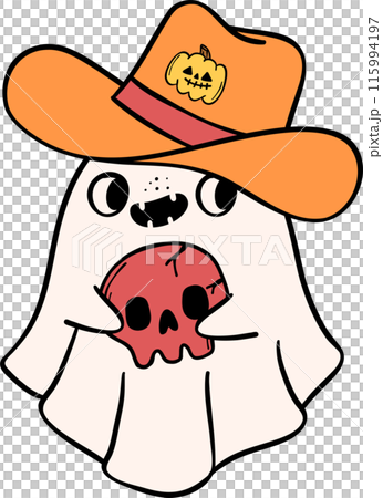 Groovy Western Cowboy ghost Halloween Retro Funky Cartoon Doodle Groovy Western Cowboy ghost Halloween Retro Funky Cartoon Doodle 115994197