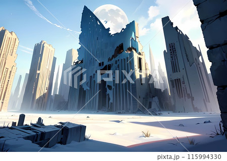 ゲーム背景　滅びた現代社会文明の後の廃墟の世界の城 115994330