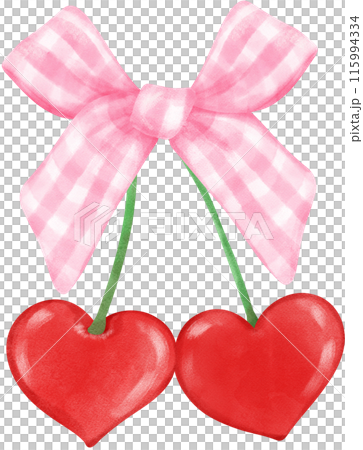 Retro Coquette Red Heart cherries with pink ribbon bow, aesthetic watercolor hand drawing 115994334