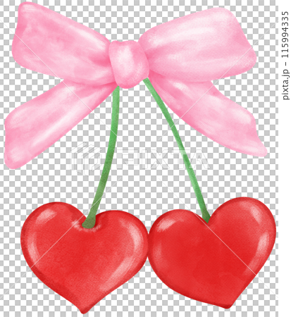 Retro Coquette Red Heart cherries with pink ribbon bow, aesthetic watercolor hand drawing 115994335