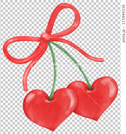 Retro Coquette Red Heart cherries with pink ribbon bow, aesthetic watercolor hand drawing 115994336