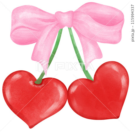 Retro Coquette Red Heart cherries with pink ribbon bow, aesthetic watercolor hand drawing 115994337