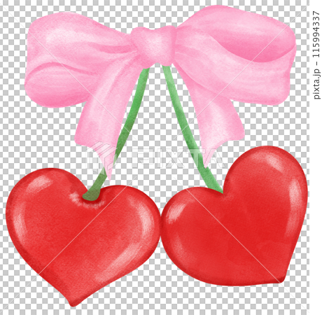 Retro Coquette Red Heart cherries with pink ribbon bow, aesthetic watercolor hand drawing 115994337