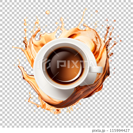 Coffee splash around white coffee cup, isolated on white background, coffee beverage concept 115994427