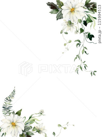 Watercolor floral vertical border featuring flowers, herbs and buds. Hand-drawn frame of a plant bouquet on a white background. An outdoor illustration for design, printing or fabric background. Watercolor floral vertical border featuring flowers, herbs and buds. Hand-drawn frame of a plant bouquet on a white background. An outdoor illustration for design, printing or fabric background. 115994513