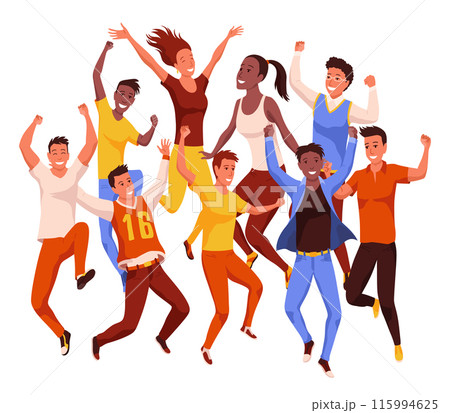 Happy jumping people set. Happy positive young men and women. Group of young joyful laughing people jumping with raised hands isolated on white background 115994625