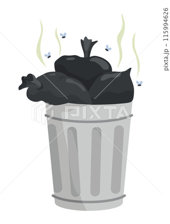 Garbage or waste icon. Metal garbage container with unsorted trash. Rubbish that smells ugly and started to decompose. Ecology and environment concept. Isolated on white background. Garbage or waste icon. Metal garbage container with unsorted trash. Rubbish that smells ugly and started to decompose. Ecology and environment concept. Isolated on white background. 115994626