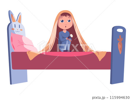 Childhood fears nightmares. Girl in room. Scared children sitting on bed under blanket. Cartoon character isolated on white background. Vector illustration 115994630