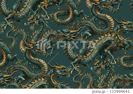 Pattern of asian dragon. Vector illustration. Suitable for fabric, mural, wrapping paper and the like. generative AI Pattern of asian dragon. Vector illustration. Suitable for fabric, mural, wrapping paper and the like. generative AI 115994641