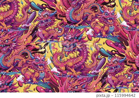 Pattern of asian dragon. Vector illustration. Suitable for fabric, mural, wrapping paper and the like. generative AI Pattern of asian dragon. Vector illustration. Suitable for fabric, mural, wrapping paper and the like. generative AI 115994642