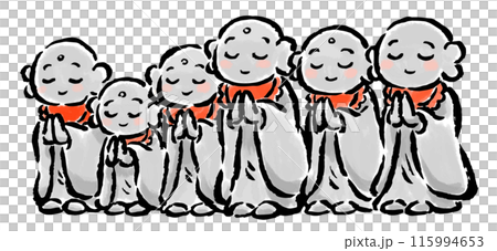 Jizo statues of various sizes lined up in a row - hand-drawn illustration 115994653