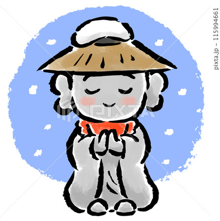笠をかぶったお地蔵さん　雪背景有り　筆タッチ手描きイラスト 115994661