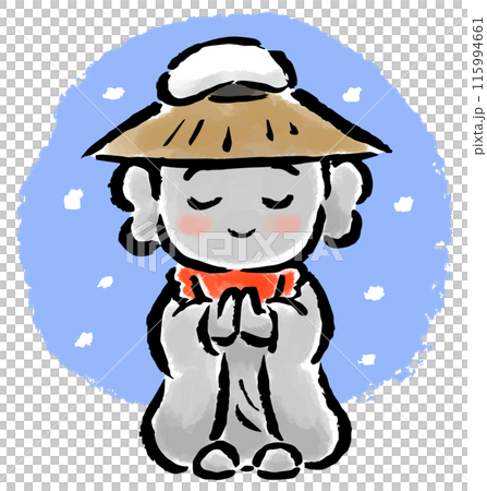 笠をかぶったお地蔵さん　雪背景有り　筆タッチ手描きイラスト 115994661