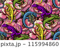 Lizards and flowers. Seamless pattern. Bright colors. Suitable for fabric, wrapping paper and the like. generative AI 115994860