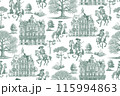 Seamless pattern of baroque palaces and cavalrymen. Suitable for fabric, wall paper, wrapping paper and the like. generative AI 115994863