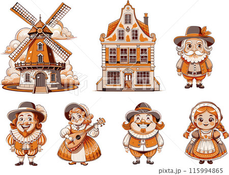 Set of cartoon characters vintage Holland for your work logo, merchandise t-shirt, stickers and label designs, poster, greeting cards advertising business. generative AI Set of cartoon characters vintage Holland for your work logo, merchandise t-shirt, stickers and label designs, poster, greeting cards advertising business. generative AI 115994865