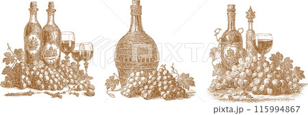 Set of designs. Vintage wine bottles and grapes for your work logo, merchandise t-shirt, stickers and label designs, poster, greeting cards advertising business. generative AI Set of designs. Vintage wine bottles and grapes for your work logo, merchandise t-shirt, stickers and label designs, poster, greeting cards advertising business. generative AI 115994867