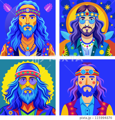 Set of hippie man retro bohemian long haired illustrations vector illustrations for your work logo, merchandise t-shirt, stickers and label designs, poster, greeting cards advertising business. genera Set of hippie man retro bohemian long haired illustrations vector illustrations for your work logo, merchandise t-shirt, stickers and label designs, poster, greeting cards advertising business. genera 115994870