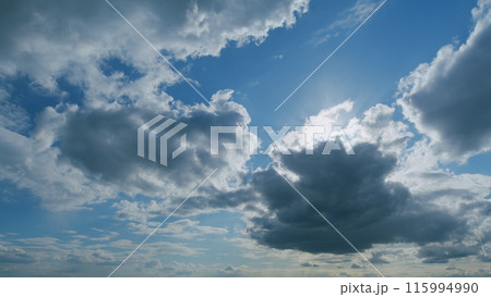 Changing stratocumulus cloudscape. Clouds inblue sky slowly move and change shape. Timelapse. Changing stratocumulus cloudscape. Clouds inblue sky slowly move and change shape. Timelapse. 115994990