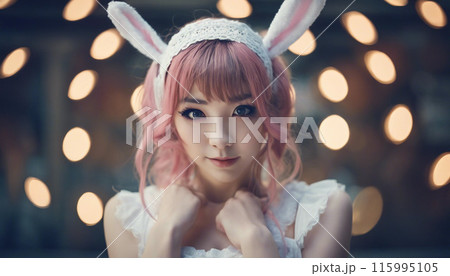バニーイヤーヘッドフォンのコスプレ(ピンクヘアー) 115995105