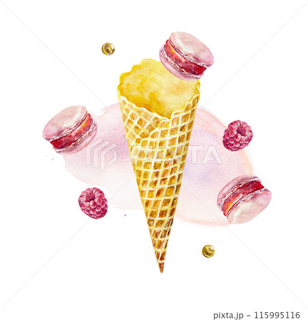 Macaron cake, ice cream cone, raspberry. Hand drawn watercolor illustration isolated on white background. For birthday cards, invitations, posters, labels, banners, covers. 115995116