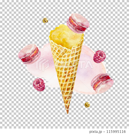 Macaron cake, ice cream cone, raspberry. Hand drawn watercolor illustration isolated on white background. For birthday cards, invitations, posters, labels, banners, covers. Macaron cake, ice cream cone, raspberry. Hand drawn watercolor illustration isolated on white background. For birthday cards, invitations, posters, labels, banners, covers. 115995116