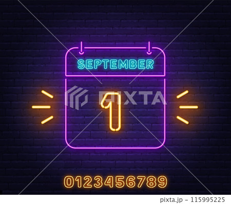Neon Calendar Sign on brick wall background. 1 September text. 115995225