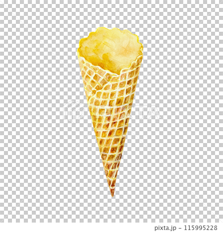 Ice cream waffle cone. Hand drawn watercolor illustration isolated on white background. For greeting cards, invitations, food and cosmetic labels, posters, banners. 115995228