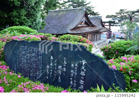 滋賀県高島市　白髭神社境内の紫式部歌碑と満開のサツキ 115995242